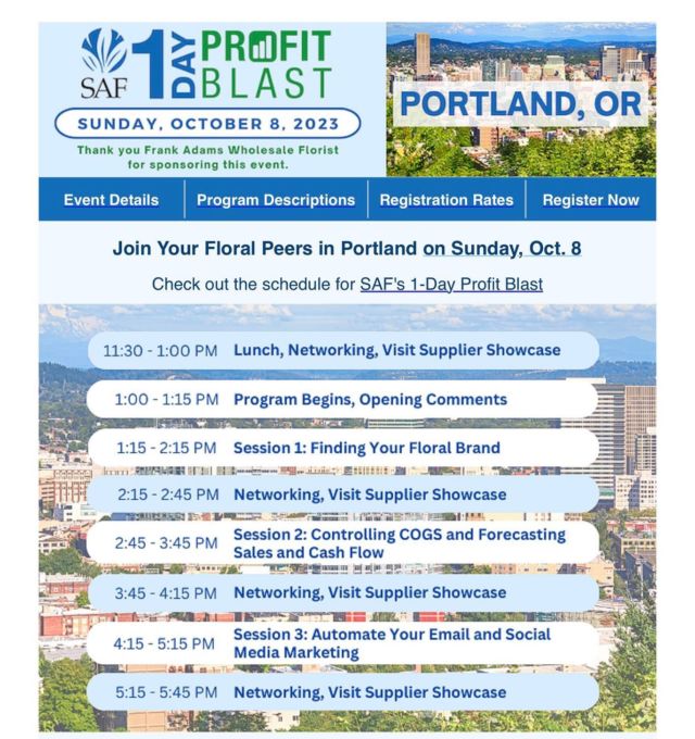 HOT OFF THE PRESS Pacific Northwest Florist Association members can now attend the SAF profit blast on October 8th with a discounted rate! SAF Non member pricing to attend this special one day conference is normally $259 and with the PNWFA discount, you can attend at a member rate of $159. Please email us for more information or check for links in the newsletter we just emailed. It’s a great opportunity! #oregonflorist #portlandflorist #washingtonflorist #oregonflowers #washingtonflowers #bendflorist #pdxflorist #seattleflorist #vancouverflorist #salemflorist #eugeneflorist