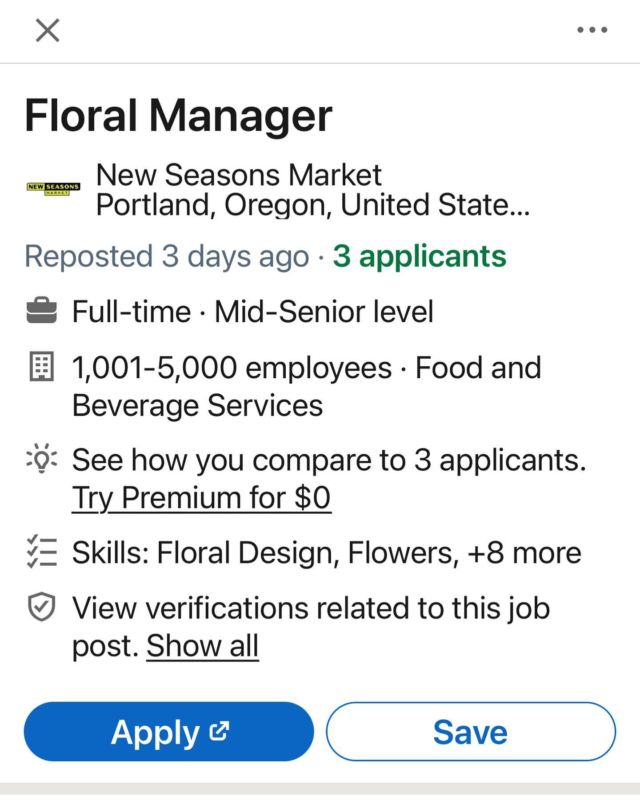 Spotted this job post on indeed if anyone is looking. As a reminder, if you are a PNWF member, you can post jobs and add yourself as a freelancer for those looking. Use the tools available to you! #pdxflorist #oregonflorist #oregonflorists #portlandflorist #portlandflorists